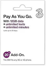 Three 12 GB Data Pay As You Go SIM