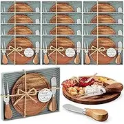 Maxcheck 12 Sets Baby Shower Bridal Game Prizes for Winners Round Cheese Board Set Wood Mini Charcuterie Board with Knives and Forks Bulk Thank You Card with Gift Box for Guests Wedding Favor (Acacia)