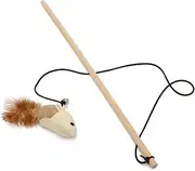 Cat Teaser Wand Toy with Bell, Feather, Mouse Ball & Wooden Stick, 40cm/15.8Inch, Brown and Beige, Cat Toy, Cat, Teaser Wand, PET_TOY
