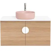 CIBO 900mm Oak Mornington Wall Hung Vanity with Pink Basin and White Handle