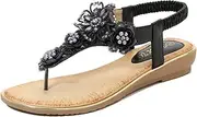 [SHYHHTS] Women's Beach Flip-Flop Sandals, Bohemian Floral Flat Sandals Summer Beach Glitter Beaded Elastic Flip Flop Flip-flops, 7, Black