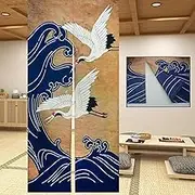 LIGICKY Retro Japanese Noren Doorway Curtain Linen White Crane Blue Wave Printed Asian Window Treatment Hanging Door Tapestry for Sushi Kitchen Home Decoration 33.5" Width x 70.9" Long(Double Sided)