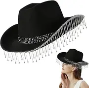 [AZIDWERYQ] Bride Cowgirl Hat with Rhinestone Tassel, 16x12x5 Rhinestone Cowgirl Hat, Fabric Bride with Chain Tie, Exquisite & Beautiful for Wedding, White