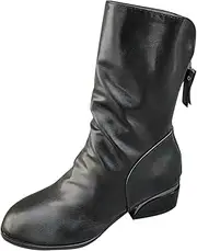 [JEUROT] Mid Calf Boots for Women, Wide Calf Slouchy Boots Chunky Low Heel Leather Booties Round Toe Pull On Boot with Back Zip