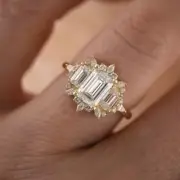 Fashionable Three Emerald Cut Moissanite Cluster Designer Wedding Ring For Women