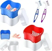 Denture Case Kit, 2 Denture Bath Cups with 2 Denture Brush, Denture Brush Retainer Bath with Lid, Retainer Cleaning Denture Boxes, for Travel. (Red + Blue）