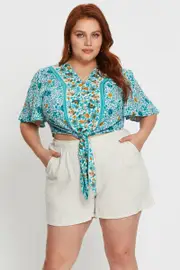 Boho Print Crop Top Short Sleeve Tie Front