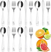 RWWPJLLWHR 15Pcs Kids Silverware Set 410 Stainless Steel Kids Fork Spoon and Cutter Set Ergonomic Smooth Toddler Utensils Funny Dinosaur Kids Flatware Set Dishwasher Safe for Children Toddler(Silver)