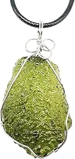 [Wedhapy] Moldavite Necklace, Green Irregular Healing Crystal Meteorite Necklace with Metal Support and Leather Rope, Moldavite Pendant