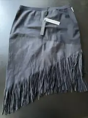Elie Tahari Claudette Leather Fringe Asymmetrical Skirt Navy Blue 8 Yellowstone