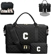 [CLOUDWINGS] Gifts for Women Initial Travel Duffle Bag Quilted Weekender Carry-On Overnight with Cosmetic Bag, Gym Bag with Shoe Compartment Hospital Bag for Labor Delivery, Black, C