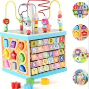Wooden Activity Cube 5-in-1 Learning Toy ABC 123 Bead Maze Shape Sorter Age 1-2