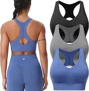 [BLUELILY] Women's Sports Bras 3 Pack Racerback Medium Support Bras V-Neck Padded Workout Seamless Yoga Athletic Bras