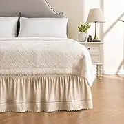 MIYE Wrap Around Ruffled Lace Bed Skirt, Elastic Dust Ruffle with Adjustable Belts, Easy to Put On, Bed Frame Cover, Machine Washable (Embroidered/Cream, King/Queen-12.5" Drop)