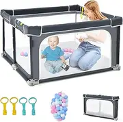 BABY JOY Foldable Baby Playpen, 124 x 124 x 70cm Playpen Activity Center w/50 Balls & 4 Pull Rings for Babies Toddlers, Kids Safety Play Yard Fence w/External Zipper, Indoor Outdoor Folding Playpen for Infants (Dark Grey)