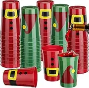 Nuogo 24 Pieces Christmas Party Cups Red and Green 16 oz Plastic Tumblers Santa Belt Elf Hat Style Cups Holiday Stadium Cups for Xmas Party Supplies Beer Coffee Tea Home Decoration Presents Ideas
