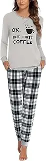 Ekouaer Pajamas Sets for Women's Long Sleeve with Plaid Pants Soft Loungewear Round Neck 2 Piece Autumn Winter Pjs Ladies Sleep Wear with Pockets