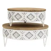 2/Set, Aztec White Metal & Wood Risers Flat Wooden Tops Embossed Aztec Pattern
