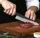 Handmade Chef Knife Forged Damascus Steel Wood Handle Hammered Slicing Santoku L
