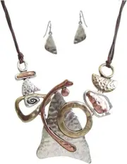 Rustic Tri-tone Multi Metal Geometric Shape Statement Necklace and Earrings Set