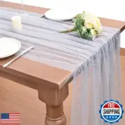 Dlpafzy Blue Pearl Spring Summer Table Runner Boho Rustic Tulle Lace Easter T