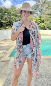 Styline Evian Print Kimono Cover Up One Size Pink Blue