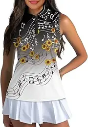 [Poetesant] Women's Sleeveless Golf Shirts Zip Up V Neck Music Theme Workout Tank Tops Quick Dry Athletic Tops