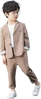 [lontakids] Boys Plaid Blazer Pants Set Casual Suit Classic Kids 2 Piece Sport Coats Outfits, Khaki, 3