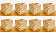 Pack 8 Woven Hyacinth Cube Storage Bin Basket Organizer with Handles TAN