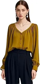 [Generic] Women Loose Casual Long Sleeve V-Neck Blouse 2025 Spring Summer Vintage Pleated Shirts