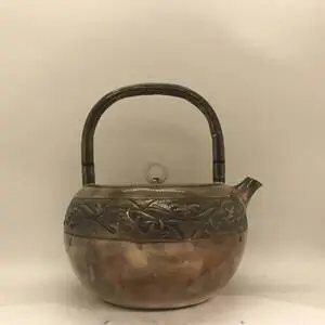 純銀製 口打出 菊摘 湯沸 銀瓶 煎茶道具 純銀製 口打出