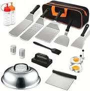 TOMVAES Barbecue Tool Set, Griddle Accessories Kit, 15Pcs Flat Top Grill Accessories Set,Grill Spatula Set with Enlarged Spatulas, Basting Cover, Scraper for Outdoor BBQ