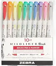 Zebra Pen Mildliner Brush Marker, Double Ended Brush and Fine Tip Pen, Assorted Soft Colors, 10 Pack