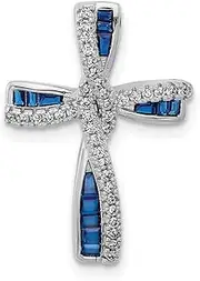 [JewelryWeb] 925 Sterling Silver Flash Platinum Plated Simulated Blue Spinel and Cubic Zirconia Religious Faith Cross Ch 23.37x16.05mm Wide 2.81mm Thick Pendant Necklace for Women