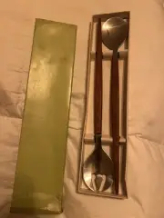Vintage Arnart Mid Century Wood Handled Salad Fork & Spoon Serving Set Japan