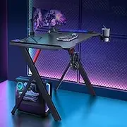 Furb 140cm RGB Gaming Desk with LED Lights, Black PC Computer Desk X Shaped Ergonomic Home Office Desk, Carbon Fibre Texture Gaming Table Workstation with Cup Holder Headphone Hook