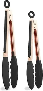 Stylish Stainless Steel Rose Gold and Black Kitchen Food Tongs Set of Two 9" and 12" with Silicone Tips and Handles for Non Stick Cookware