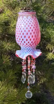 Fenton ruffled, cranberry polka dot glass, lampwork beads, mobile suncatcher