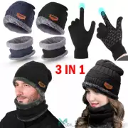 3PCS Men Women Winter Warm Knit Beanie Hat Cap And Scarf Touch Screen Gloves Set