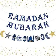 Blue Glitter Ramadan Mubarak Banner Eid Mubarak Decoration, Muslim Islamic Party Decoration, Ramadan Decorations for Home Ramadan Kareem Party Supplies Star and Moon Garland