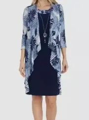 R & M Richards Women's Blue 2 Piece Flyaway Jacket & Necklace Set Dress Size 14