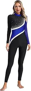 [TiaoBug] Womens Full Body Long Sleeve Unitard One Piece Sparkly Rhinestone Color Block Gymnastics Dance Skating Jumpsuit