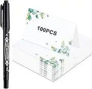 100 Pcs Wedding Place Cards, Leaves Table Seating Cards, Paper Tented Wedding Name Card, Foldable Eucalyptus Table Card with Black Pen for Birthday Dinner Party