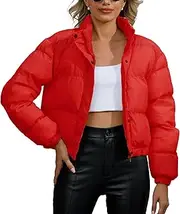 [FEOYA] Women's Winter Jackets Crop Puffer Jacket Long Sleeve Zip Outerwear Lightweight Short Warm Coat Jacket, red, X-Large