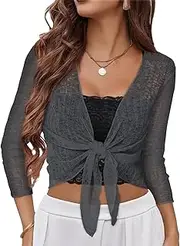 [CHICGAL] Women Crop Cardigan Sheer Mesh Bolero Shrug for Dress Tie Front 3/4 Sleeve Tops