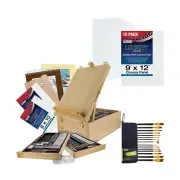 U.S. Art Supply 122 Piece Wood Box Easel Painting Set - Oil, Acrylic, Waterco...