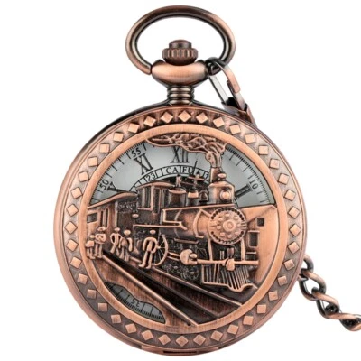 Mens Mechanical Pocket Watch Hand Winding Train with Fob Chain Christams Gifts
