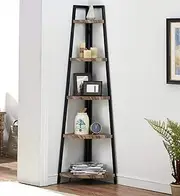 IHOMEC 5 Tier Corner Shelf, Industrial Corner Bookshelf with Metal Frame, Rustic Corner Storage Rack Shelves Display Plant Flower, Stand Bookcase for Home Office, Small Place, Retro Brown