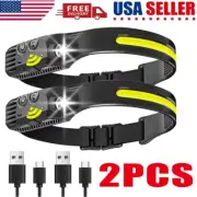 2PCS COB LED Headlamp Headlight Torch Work Light Bar Head Band Lamp USB Charging