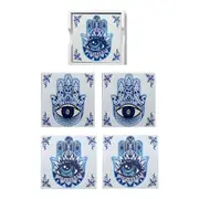 Set 4 Square Blue & White Hamsa Hand Evil Eye Coasters In Box